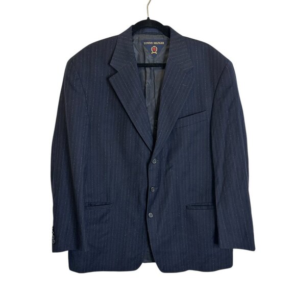 Vtg Tommy Hilfiger Navy Blue Pinstripe Wool Blazer Jacket Sz 52R Preppy Classic - Picture 1 of 7